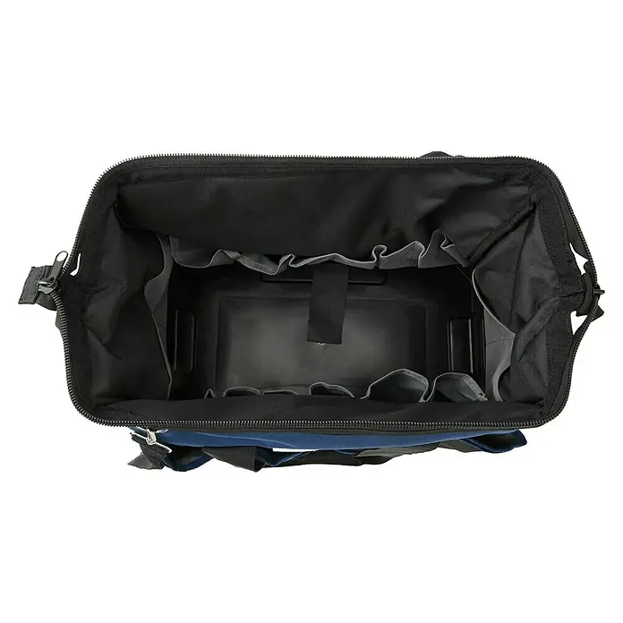 Wisent Bolsa para herramientas BASTB2 - No incluye herramientas, Azul/Negro/Gris, Suelo de plástico resistente a los impactos - Bolsa de herramientas abierta que revela su interior, completa con compartimentos, opciones de almacenamiento y un espacioso compartimento principal.