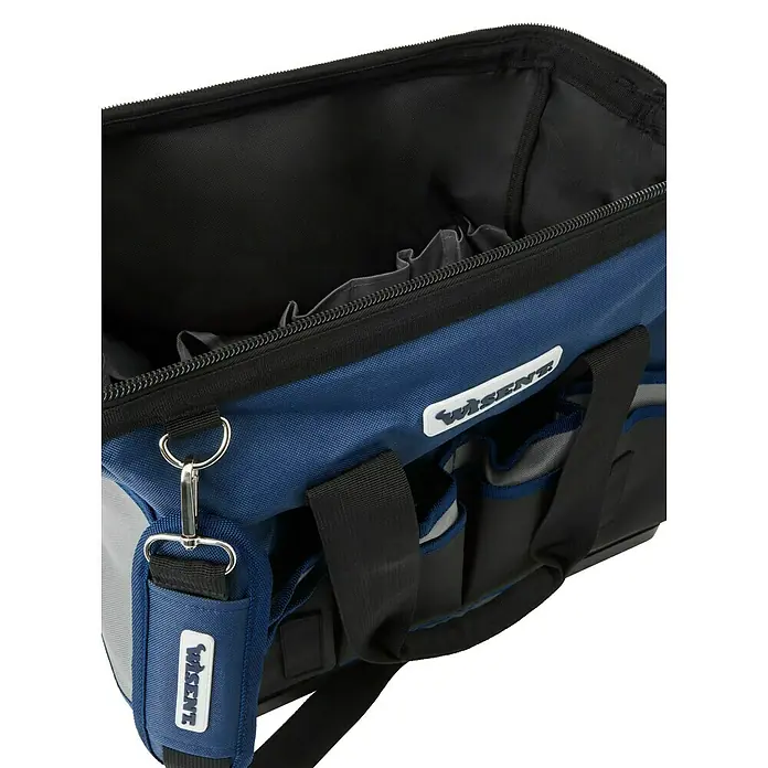 Wisent Bolsa para herramientas BASTB2 - No incluye herramientas, Azul/Negro/Gris, Suelo de plástico resistente a los impactos - Primer plano de una bolsa de herramientas Wisent azul con asas negras y un mosquetón plateado.