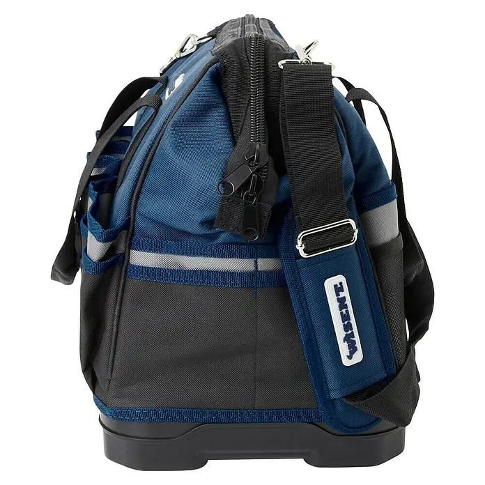 Wisent Bolsa para herramientas BASTB2 - No incluye herramientas, Azul/Negro/Gris, Suelo de plástico resistente a los impactos - Una bolsa de herramientas Wisent azul y negra con correa para el hombro y cremallera. Ideal para artesanos que quieren transportar su equipo de forma organizada.