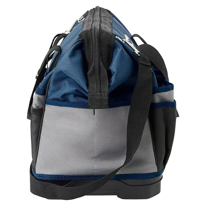 Wisent Bolsa para herramientas BASTB2 - No incluye herramientas, Azul/Negro/Gris, Suelo de plástico resistente a los impactos - Primer plano de una bolsa de herramientas azul con cremallera y base gris, ideal para transportar herramientas.