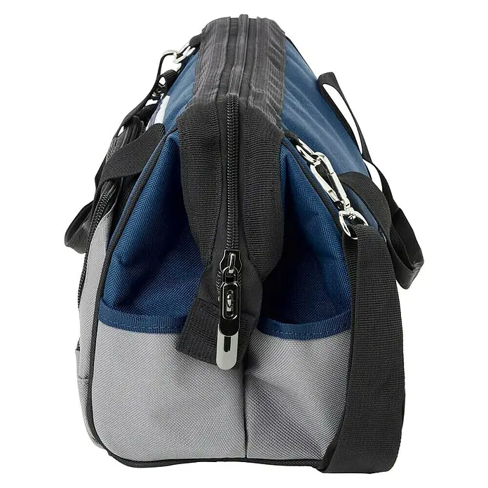 Wisent Bolsa para herramientas BASTB1 - No incluye herramientas, Azul/Negro/Gris - Bolsa de herramientas azul y gris con cremallera y correa de transporte negra. Ideal para artesanos y aficionados al bricolaje para guardar herramientas.