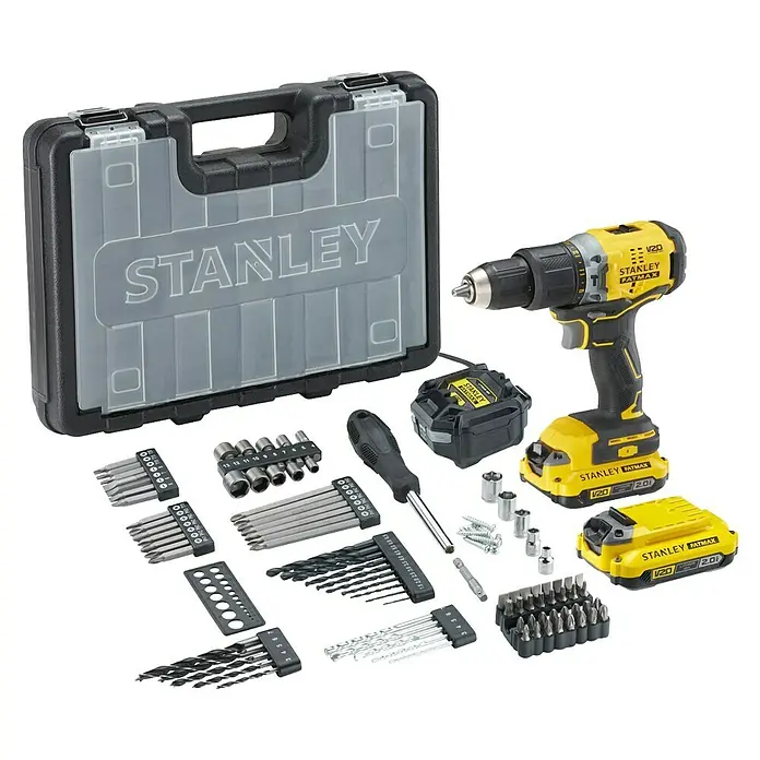 Stanley Fatmax V20 Taladro atornillador percutor de batería SFMCD715 + 100 accesorios -  - Kit de taladro/atornillador inalámbrico Stanley Fatmax V20 con accesorios y estuche rígido. El conjunto incluye un taladro, baterías y varias brocas.
