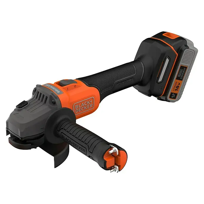 Black+Decker Amoladora angular de batería BCG6L8F1S - 1 batería, 4 Ah, Diámetro disco: 115 mm - Amoladora angular inalámbrica Black+Decker con empuñadura auxiliar y batería de 18V. La herramienta es negra y naranja y tiene la etiqueta "Brushless".