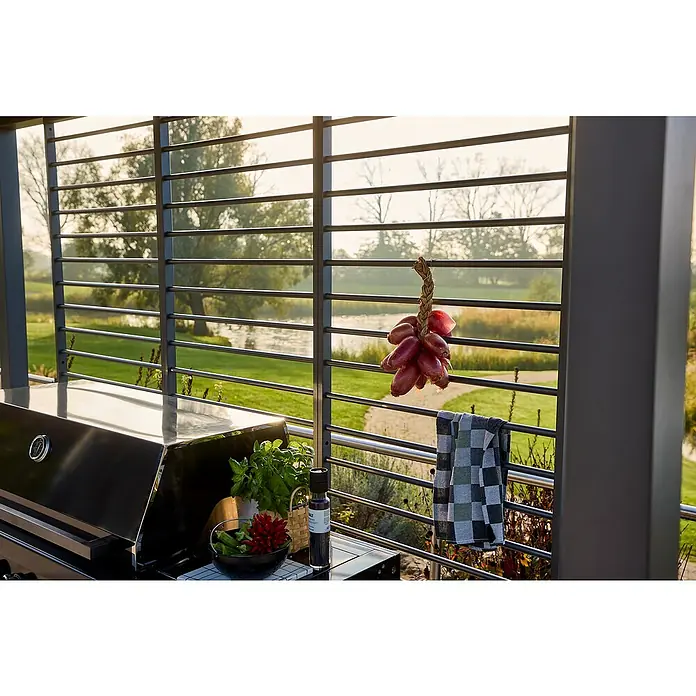 Sunfun Grillpavillon - B x T: 342 x 168 cm, Farbe Gestell: Anthrazit, Aluminium - Das Bild zeigt eine stilvolle Outdoor-Küche mit einem Grill und frischen Zutaten, darunter eine Zwiebelkette, vor einer malerischen Landschaft.