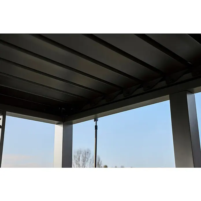 Sunfun Grillpavillon - B x T: 342 x 168 cm, Farbe Gestell: Anthrazit, Aluminium - Detailansicht einer modernen Pergola mit verstellbaren Lamellen, die Schatten spenden und das Design betonen.