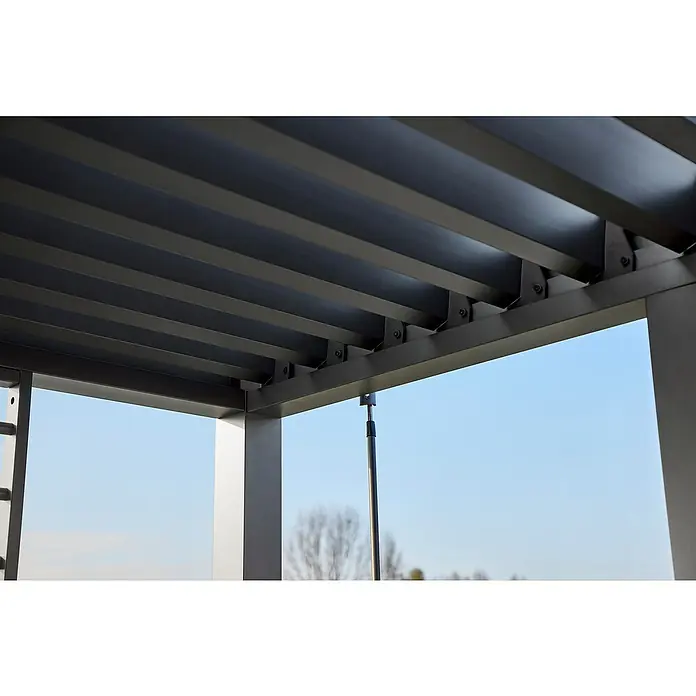 Sunfun Grillpavillon - B x T: 342 x 168 cm, Farbe Gestell: Anthrazit, Aluminium - Detailansicht einer modernen Pergola mit Lamellendach. Die Konstruktion besteht aus grauem Metall und bietet stilvollen Sonnenschutz.