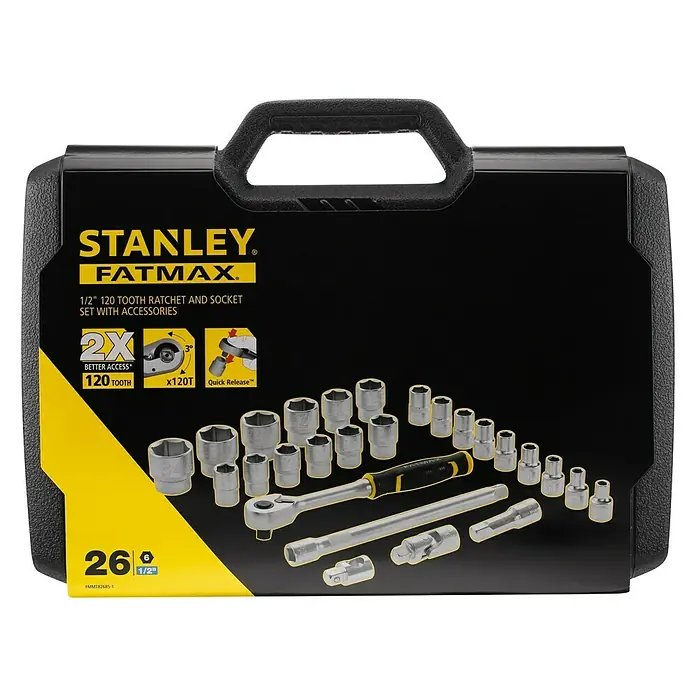 Stanley FatMax Set de llaves de vaso FMMT82685-1 - 26 pzs., Tamaño de accionamiento: ½″ - Juego de carraca y vasos Stanley Fatmax 1/2" con 120 dientes para un mejor acceso y liberación rápida, ideal para aplicaciones versátiles.