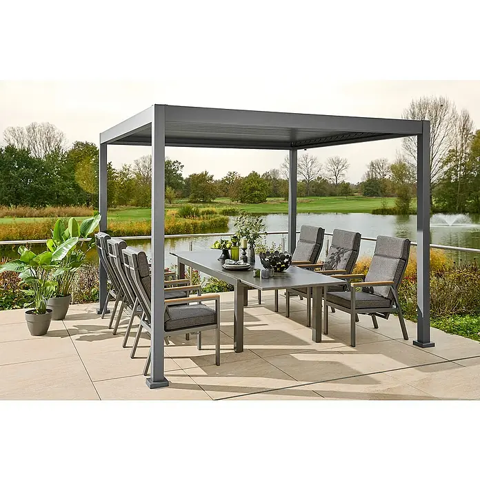 Sunfun Gartenmöbel-Set Maja/Milos - 8 -tlg., Night-Grey, Ausziehbar - Einladende Gartenszene mit stilvoller Pergola, Tisch und Stühlen, perfekt für Mahlzeiten im Freien und Entspannung im Garten.