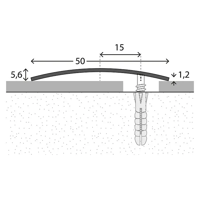 LOGOCLIC Übergangsprofil 102 - Edelstahl glänzend, 0,9 m x 50 mm x 5,6 mm, Montageart: Schrauben, Seitlich versenkt gelocht - Eine technische Zeichnung eines Übergangsprofils, das mit einer Schraube und einem Dübel an einer Boden befestigt ist, mit Maßangaben.
