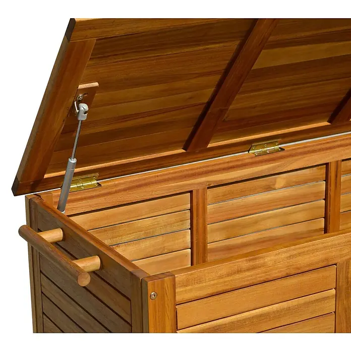 Baúl para jardín Amira - L x An x Al: 124 x 55,5 x 66 cm, Natural, Madera - Caja de jardín en tono madera con tapa abierta, con amortiguador de gas y bisagras de latón, ideal para soluciones de almacenamiento exterior.
