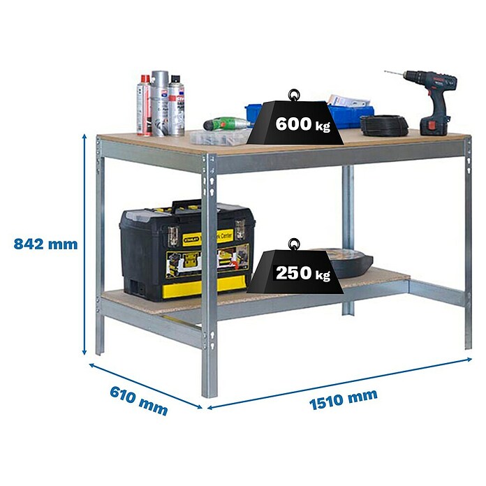 Simonrack Simonwork Werkbank BT0 1500 (L x B x H: 61 x 151 x 84,2 cm, Traglast: 850 kg, Silber) | BAUHAUS