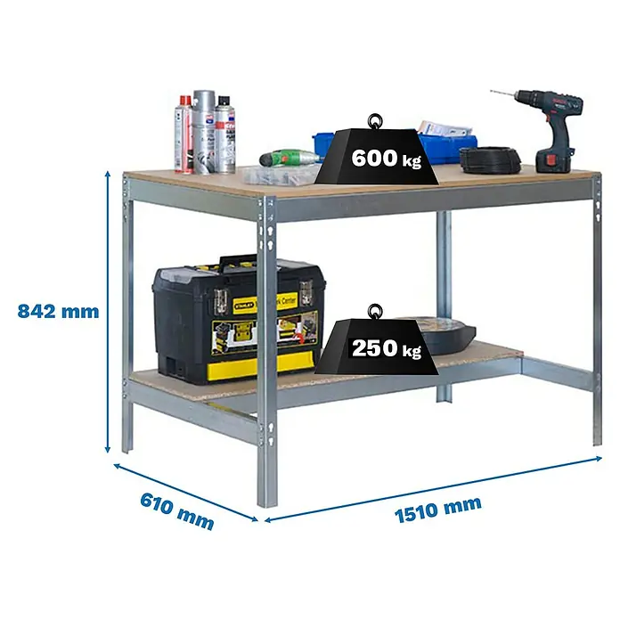 Simonrack Simonwork Werkbank BT0 1500 - L x B: 61 x 151 cm, Arbeitshöhe: 84,2 cm, Belastbarkeit: 850 kg, Silber - Abbildung eines Werkstatttisches mit Gewichtsangaben. Der Tisch ist stabil und bietet viel Ablagefläche.