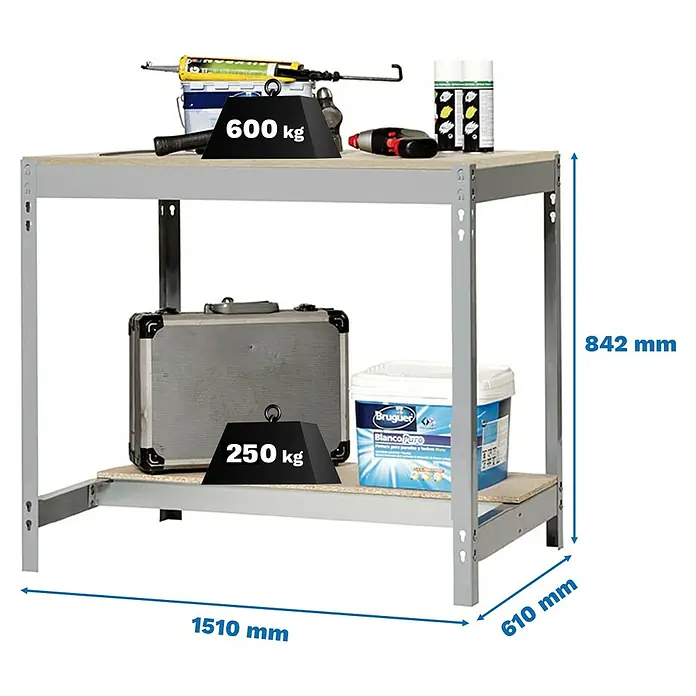 Simonrack Simonwork Werkbank BT0 1500 - L x B: 61 x 151 cm, Arbeitshöhe: 84,2 cm, Belastbarkeit: 850 kg, Grau - Abbildung eines robusten Werkstatttisches mit zwei Ablagen, belastbar mit 600 kg auf der oberen und 250 kg auf der unteren Ablage.