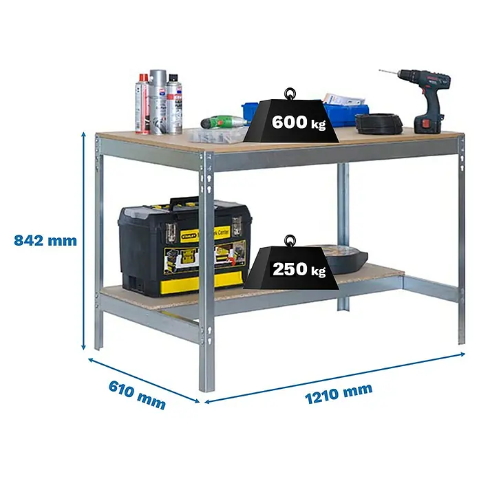 Simonrack Simonwork Werkbank BT0 1200 - L x B: 61 x 121 cm, Arbeitshöhe: 84,2 cm, Belastbarkeit: 850 kg, Silber - Werkbank mit zwei Ebenen, belastbar mit 600 kg auf der oberen und 250 kg auf der unteren Ebene. Abmessungen: 842 mm hoch, 610 mm tief und 1210 mm breit.
