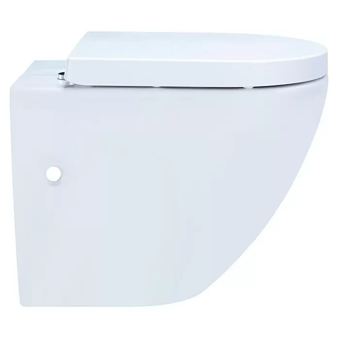 Wand-WC-Set Cozy - Spülrandlos, Ohne Spezialglasur, Spülform: Tief, WC Abgang: Waagerecht, Weiß - Weißes wandhängendes WC mit geschlossenem Deckel.