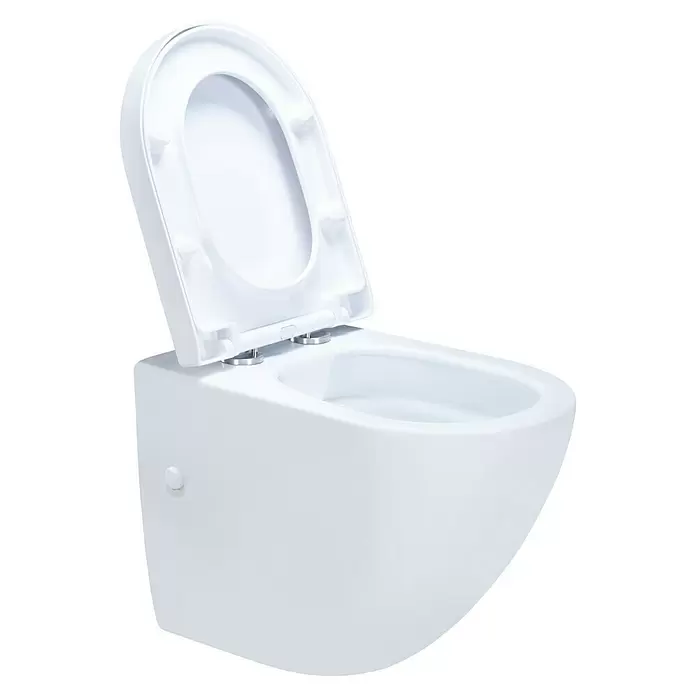 Wand-WC-Set Cozy - Spülrandlos, Ohne Spezialglasur, Spülform: Tief, WC Abgang: Waagerecht, Weiß - Weißes wandhängendes WC mit offenem Deckel.