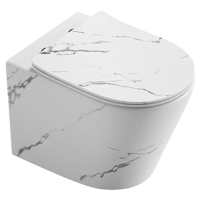Wand-WC-Set Nakia - Spülrandlos, Ohne Spezialglasur, Spülform: Tief, WC Abgang: Waagerecht, Weiß/Marmor - Weißes Wand-WC mit eleganter Marmor-Optik.