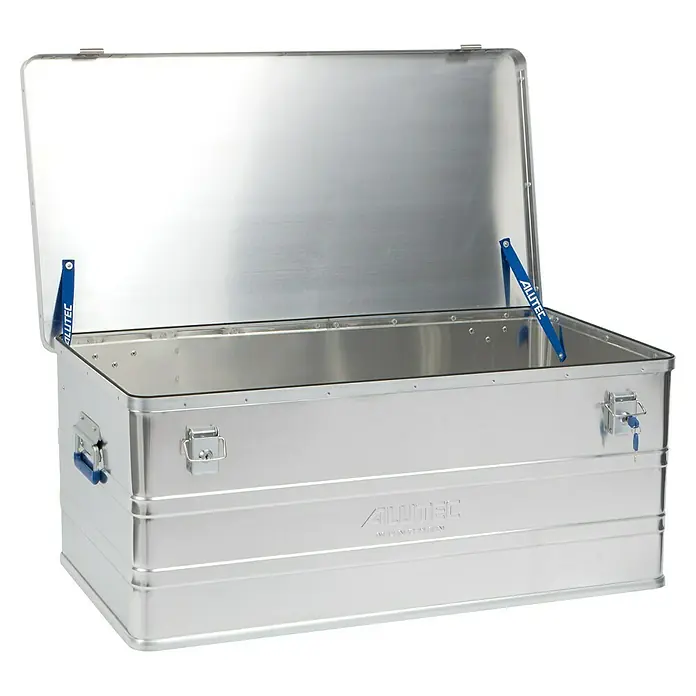 Alutec München Aufbewahrungs- & Transportbox Classic 142 - L x B x H: 895 x 495 x 375 mm, 142 l, Aluminium - Geöffneter Allutec Aluminium-Transportkoffer. Ideal für sichere Aufbewahrung und Transport. Robust und langlebig.