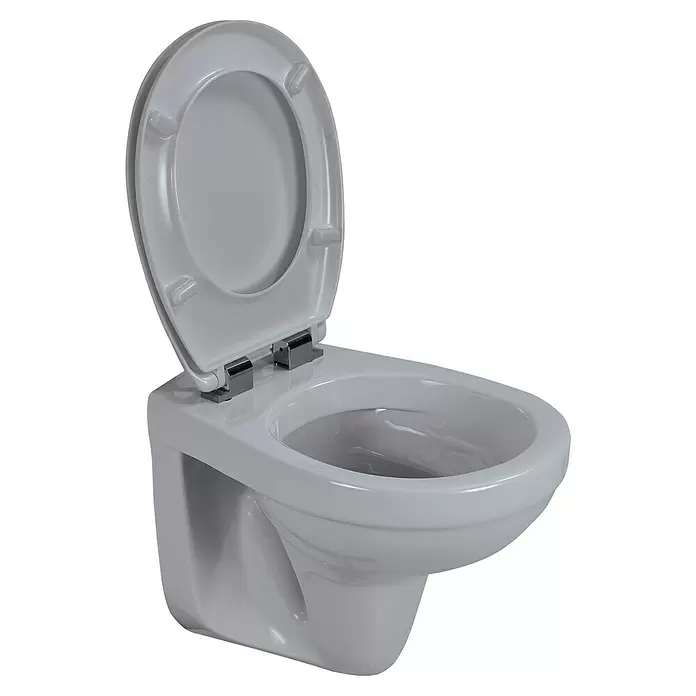 Sanicomfort Wand-WC - Spülrandlos, Ohne Spezialglasur, Spülform: Tief, WC Abgang: Waagerecht, Manhattan Grau - Weißes wandhängendes WC aus Keramik mit geöffnetem Sitz und Deckel.