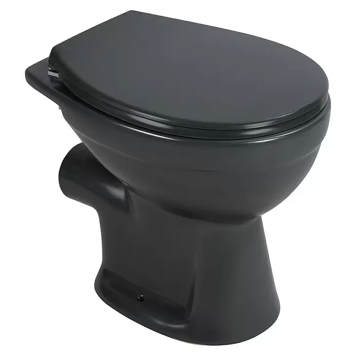 Sanicomfort Stand-WC Anthrazit Matt - Spülrandlos, Ohne Spezialglasur, Spülform: Tief, WC Abgang: Waagerecht, Anthrazit - Dunkelgraues WC mit geschlossenem Deckel.