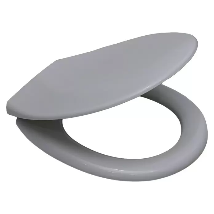 Sanicomfort WC-Sitz - Duroplast, Manhattan Grau, Mit Absenkautomatik - Grauer Toilettensitz aus Kunststoff mit teilweise geöffnetem Deckel.