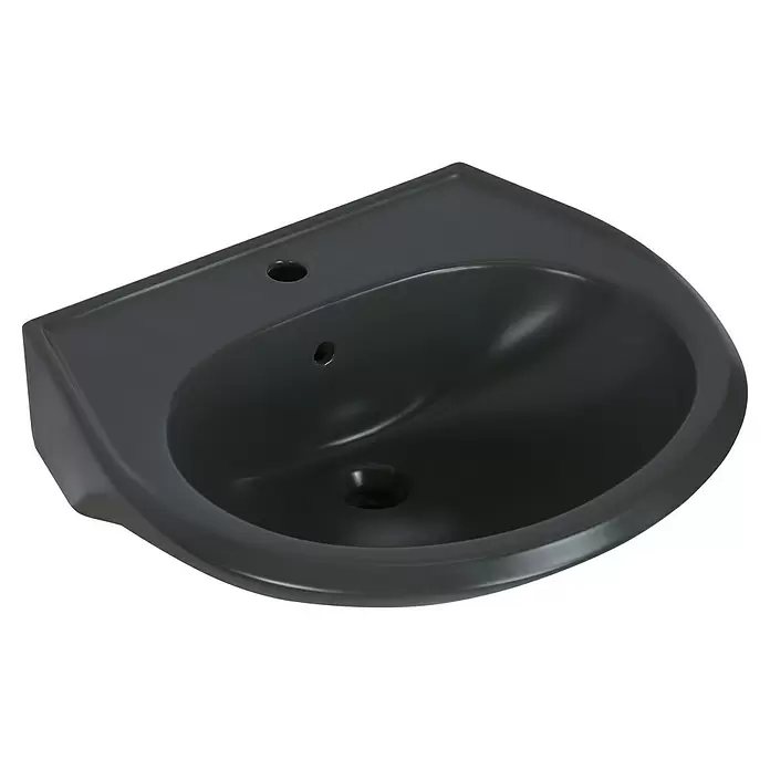 Waschtisch - 60 x 45 cm, Ohne Spezialglasur, Hahnloch: Mitte, Mit Überlauf, Anthrazit - Dunkelgraues Keramik-Waschbecken mit Hahn- und Überlauflöchern.