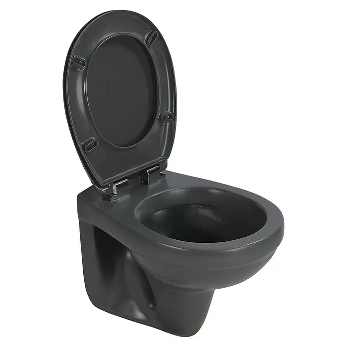 Sanicomfort Wand-WC Anthrazit Matt - Spülrandlos, Ohne Spezialglasur, Spülform: Tief, WC Abgang: Waagerecht, Anthrazit - Anthrazitfarbenes wandhängendes WC mit offenem Deckel.