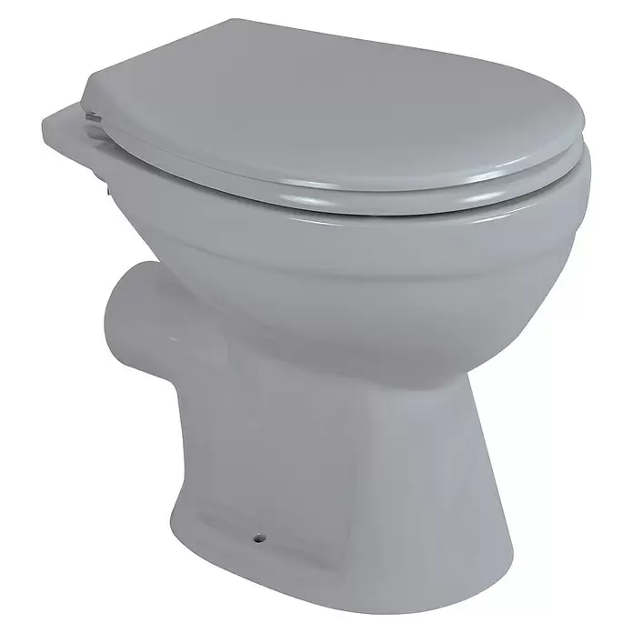 Sanicomfort Stand-WC - Spülrandlos, Ohne Spezialglasur, Spülform: Tief, WC Abgang: Waagerecht, Manhattan Grau - Hellgraues Keramik-WC mit geschlossenem Deckel, leicht schräg dargestellt.