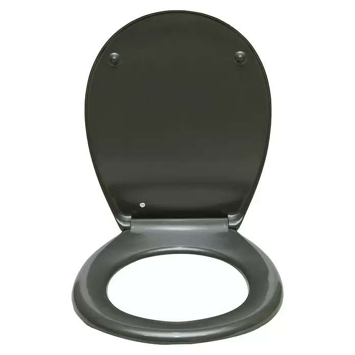 Sanicomfort WC-Sitz - Duroplast, Anthrazit, Mit Absenkautomatik - Offener dunkelgrauer Toilettensitz und Deckel.