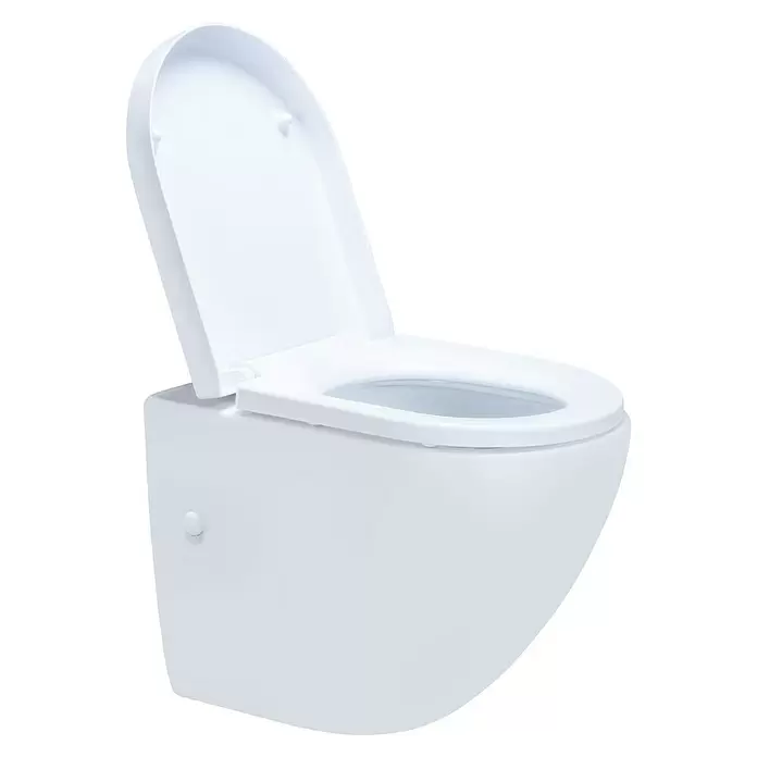 Wand-WC-Set Cozy - Spülrandlos, Ohne Spezialglasur, Spülform: Tief, WC Abgang: Waagerecht, Weiß - Weißes wandhängendes WC mit geöffnetem Sitz und Deckel.