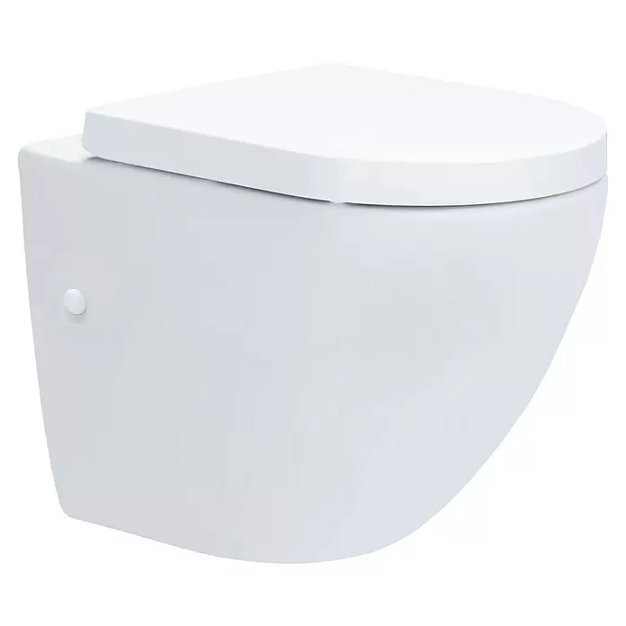 Wand-WC-Set Cozy - Spülrandlos, Ohne Spezialglasur, Spülform: Tief, WC Abgang: Waagerecht, Weiß - Weißes wandhängendes WC mit geschlossenem Soft-Close-Deckel.