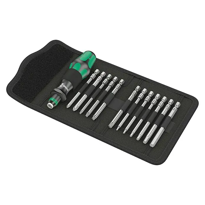 Wera Werkzeug-Set Bicycle Set 2 - 13 -tlg. - Abbildung eines Wera Kraftform Kompakt 60 Bit-Satzes mit Schnellwechselfutter in einer schwarzen Tasche. Es besteht aus 13 Teilen.