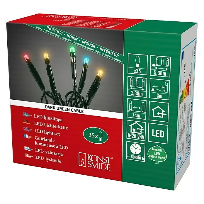 Konstsmide LED-Lichterkette - Innen, Lichtfarbe: Mehrfarbig, Anzahl Leuchtmittel: 35 Stk., Netzbetrieben - Konstmide 35x mehrfarbige LED-Lichterkette im Karton. Dunkelgrünes Kabel, 5,38m Gesamtlänge, für Innen.