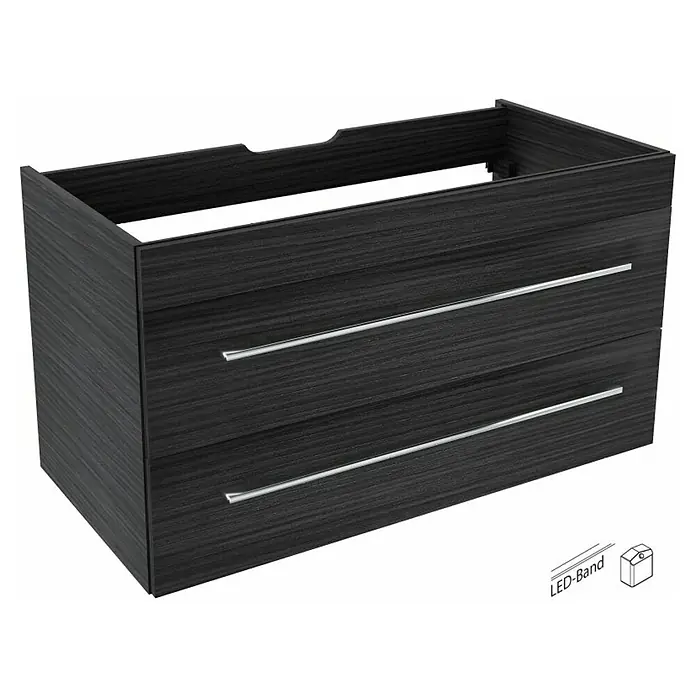 Camargue Stella Waschtischunterschrank - 99,4 x 48,8 x 55 cm, Mit Beleuchtung, Dark Oak - Schwarzer Waschtischunterschrank mit zwei Schubladen und Griffen in Silberoptik. Ideal für moderne Badezimmer.