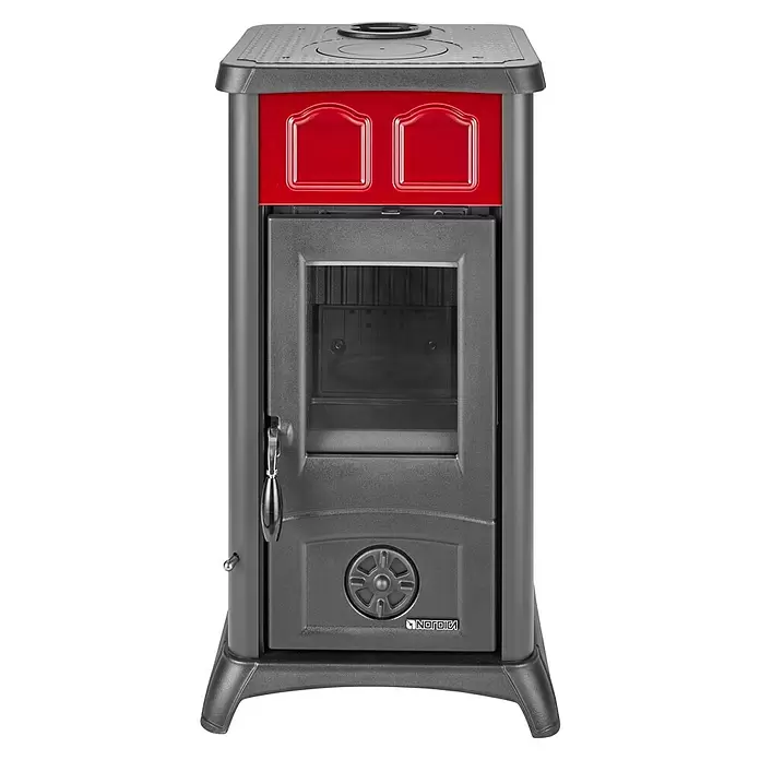 La Nordica Kaminofen-Set Gemma - 7,3 kW, Raumheizvermögen: 172 m³, Material Verkleidung: Keramik, Schwarz/Bordeaux - Roter und dunkelgrauer NORDICA Holzofen mit Glastür und Kochplatte.