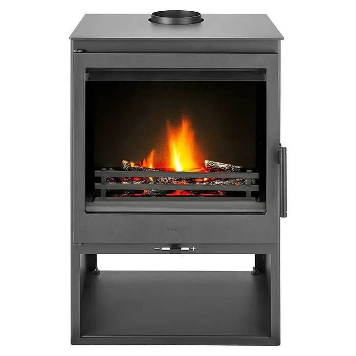Panadero Kaminofen Diamant 3V Eco - 7,1 kW, Raumheizvermögen: 220 m³, Material Verkleidung: Stahl, Schwarz - Detailaufnahme eines Panadero-Holzofens mit lebendigem Feuer, der Wärme und Atmosphäre in jeden Raum bringt.