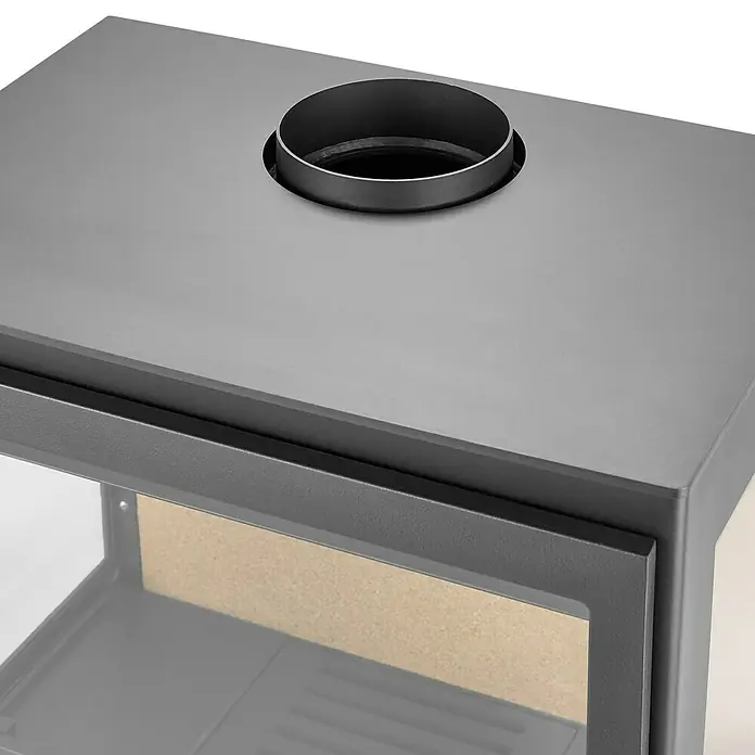 Panadero Kaminofen Diamant 3V Eco - 7,1 kW, Raumheizvermögen: 220 m³, Material Verkleidung: Stahl, Schwarz - Detailaufnahme eines modernen Kaminofens mit Fokus auf Design und hochwertiger Verarbeitung für gemütliche Wärme.