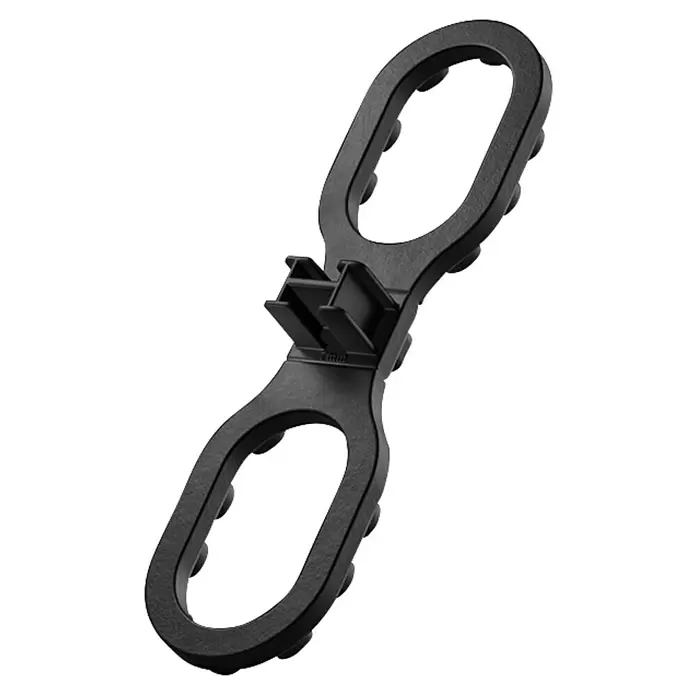 Langfit Abstandhalter - 7 mm, 100 Stk. - Schwarzer, texturierter Kunststoffhalter mit zwei ovalen Schlaufen mit internen Noppen und einer zentralen Befestigungsklammer, markiert mit „2mm“.