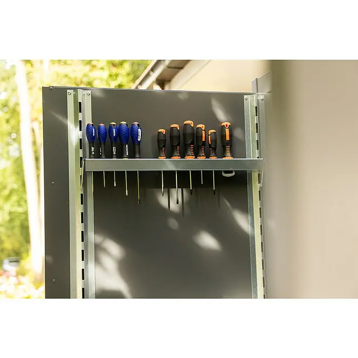 Telluria Regal für Geräteschrank Giarmadio - Silber, Passend für: Telluria Giarmadio - Ein Werkzeugschrank mit einer Reihe von Schraubendrehern, die ordentlich auf einem Regal aufgereiht sind. Die Schraubendreher haben blaue und orangefarbene Griffe.
