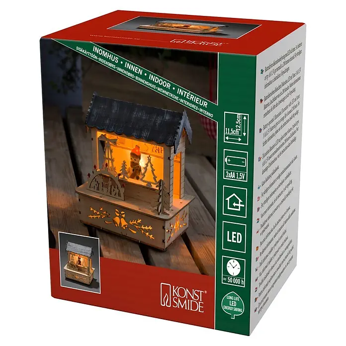 Konstsmide LED-Weihnachtsdekoleuchte Marktstand mit grauem Dach - 11,5 x 9,5 x 12,5 cm, Braun, Batteriebetrieben, LED - Diagonale Ansicht