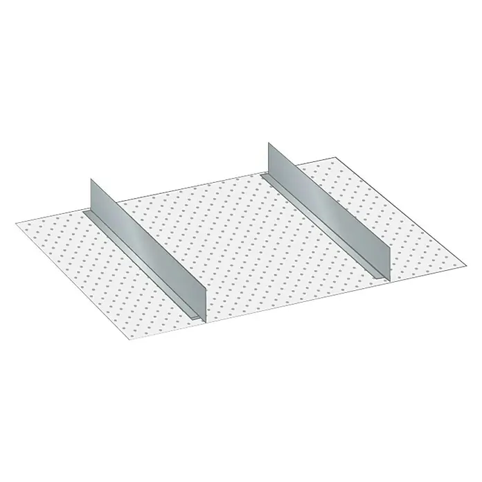 Lista Schubladeneinsatz - Passend für: Lista Schubladen 27x27E, Höhe: 225 mm - Eine Platte mit Löchern und zwei silbernen Metallstreifen, die senkrecht darauf stehen. Technische Zeichnung für Bau oder Konstruktion.
