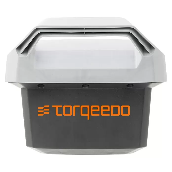 Torqeedo Ersatz-Akku Travel - Akkuleistung: 1.080 Wh, Lithium-Hochleistungsakku - Tragbarer Torqeedo Akku, dunkelgrau mit hellgrauem Oberteil und integriertem Griff.