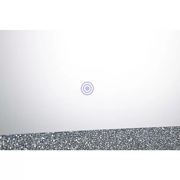 LED-Lichtspiegel Glimmer - 50 x 70 cm, Rechteckig - Weiße Fläche mit hellviolettem Touch-Sensor-Symbol und silberner Kristallkante.