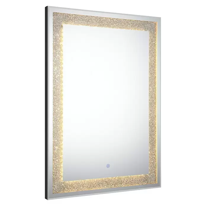 LED-Lichtspiegel Glimmer - 50 x 70 cm, Rechteckig - Rechteckiger LED-Spiegel mit glitzerndem Rahmen und Berührungssensor unten.
