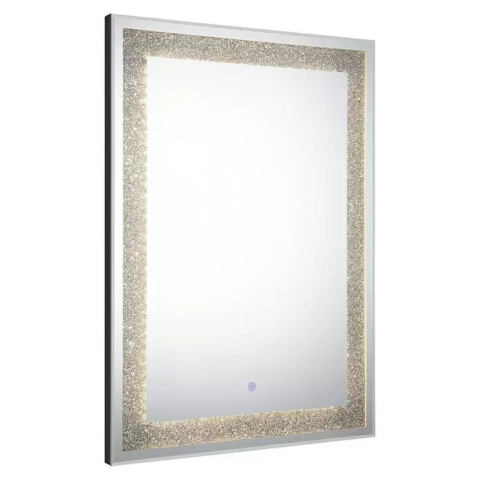 LED-Lichtspiegel Glimmer - 50 x 70 cm, Rechteckig - Rechteckiger Spiegel mit silbernem Glitzerrahmen und hinterleuchteter Umrandung, mit blauem Touch-Sensor.