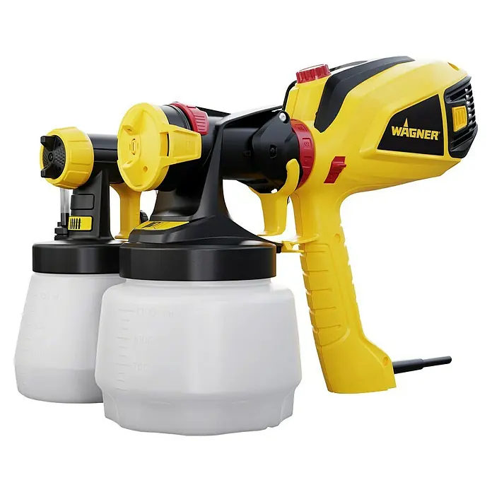 Wagner Farbsprühsystem W 590 Flexio - 630 W, Förderleistung: 0,5 l/min - Eine Nahaufnahme von zwei Wagner Farbspritzpistolen, die sich durch ihre gelbe und schwarze Farbgebung auszeichnen und nebeneinander stehen.