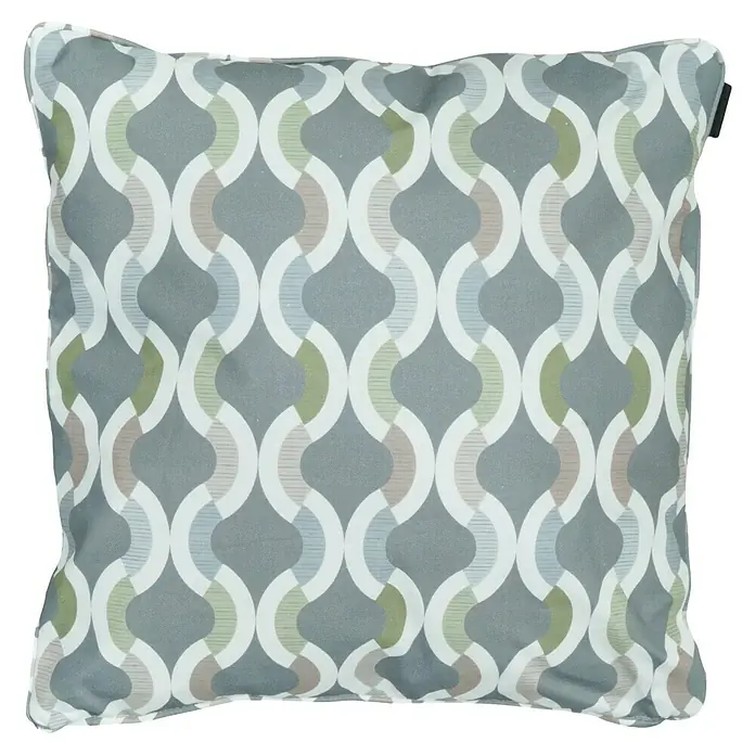 Madison Outdoor-Kissen - 50 x 50 cm, Trivia Grey, Baumwoll-Polyester-Mischgewebe - Quadratisches Kissen mit grauem Hintergrund und abstraktem, kreisförmigem Muster in Weiß, Grün und Braun. Ideal zur Dekoration von Wohnräumen.