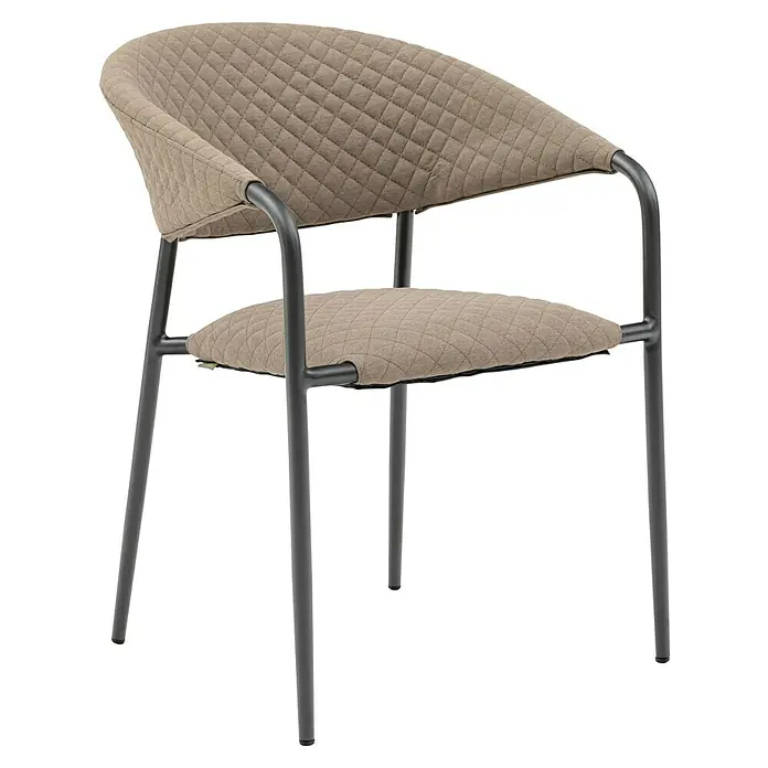 Stapelsessel - Stapelbar, Beige, B x T x H: 64,8 x 59,7 x 83 cm - Nahaufnahme eines Polsterstuhls mit einem grauem Metallgestell und einem gesteppten Bezug in Beige. Bequeme und elegante Sitzgelegenheit.
