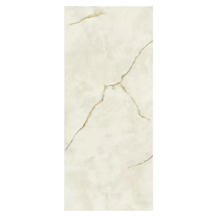 Corso Italia Feinsteinzeugfliese Onyx - 120 x 278 cm, Gold, Glänzend - Helle beige Marmorfliese mit goldbrauner Maserung und natürlichem Muster.