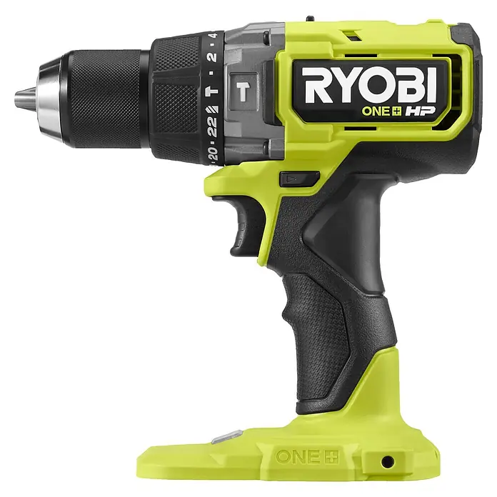 Ryobi ONE+HP Akku-Schlagbohrschrauber RPD18X1-0 - 18 V, Ohne Akku, 105 Nm - Nahaufnahme eines Akku-Bohrschraubers von Ryobi ONE+ HP mit schwarzem Griff und hellgrünen Akzenten auf schwarzem Hintergrund.